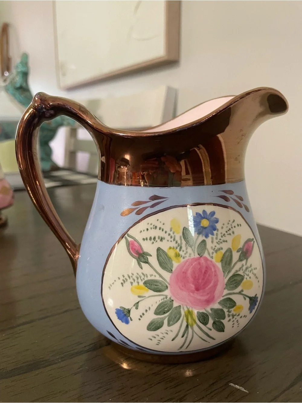 Vintage Blue Ceramic Pitcher with Copper Handle
